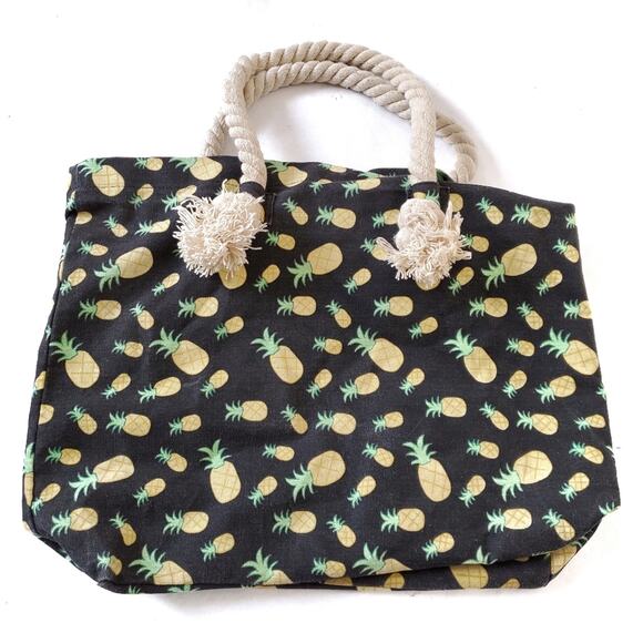 Large Pineapple Print Canvas Tote Bag Lined - Picture 3 of 8